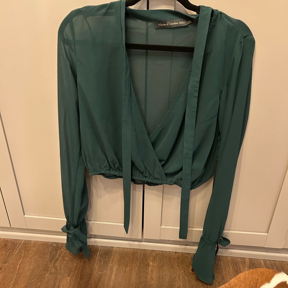 House of Harlow, green, sheer, crop top with bell sleeves